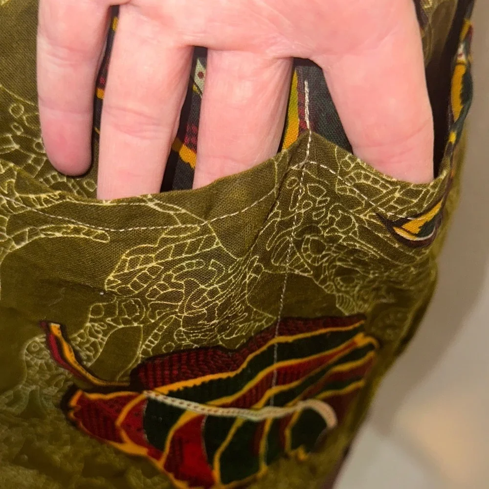 Timbali Crafts Apron Olive Green Leaf Print Artisan Made Ghana Pocket